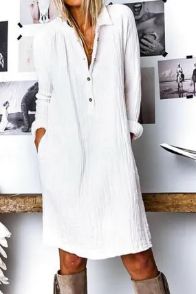 Linen Button Pockets Long Sleeve Dress