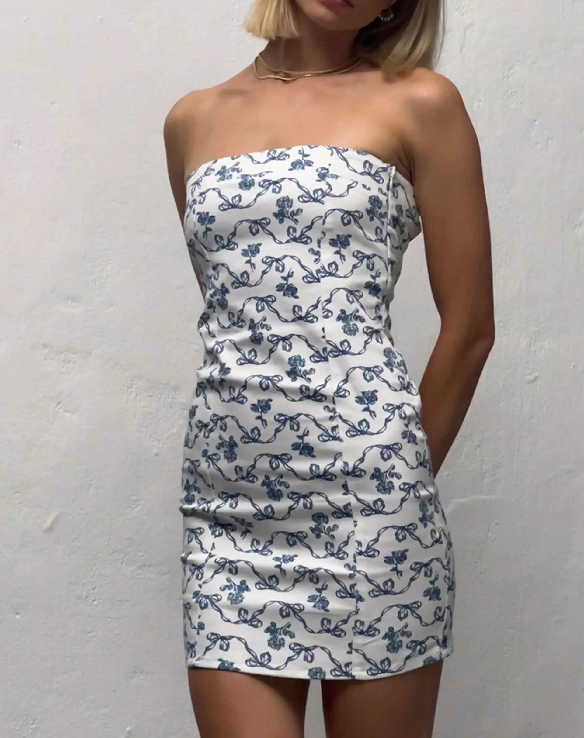 Majken Mini Tie Back Dress in a Blue and White Ribbon Print