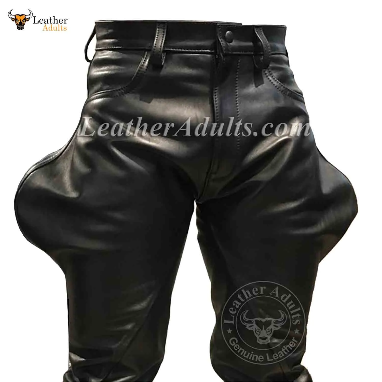 Mens Black Cowhide Leather Saddleback Bootcut Rear Blind Pockets Breeches BLUF Pants Trousers