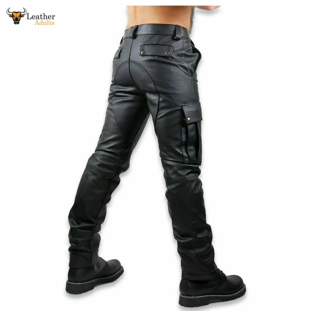 Mens Black Cowhide Soft and Plain Saddleback Cargo Leather Gay Pants Trousers