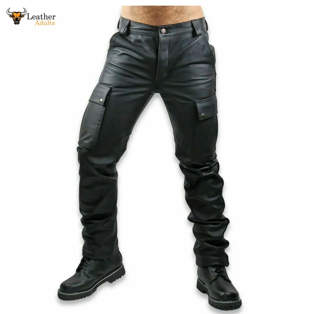 Mens Black Cowhide Soft and Plain Saddleback Cargo Leather Gay Pants Trousers