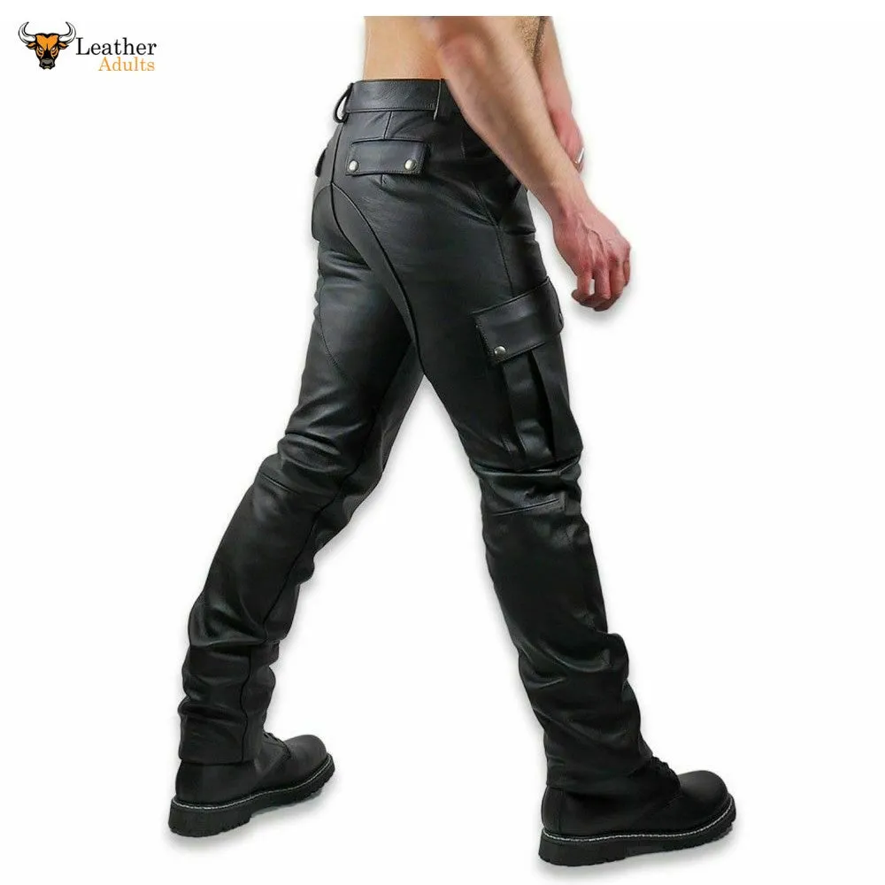 Mens Black Cowhide Soft and Plain Saddleback Cargo Leather Gay Pants Trousers