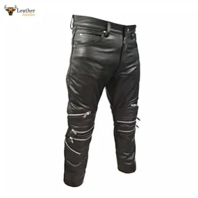 Mens Black Real Cowhide Leather Motorcycle Trousers Bikers Jeans Bikers Pants