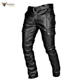 Men's Black Real Leather Pants Cargo 6 Pockets Pants Bikers Leather Breeches Trousers