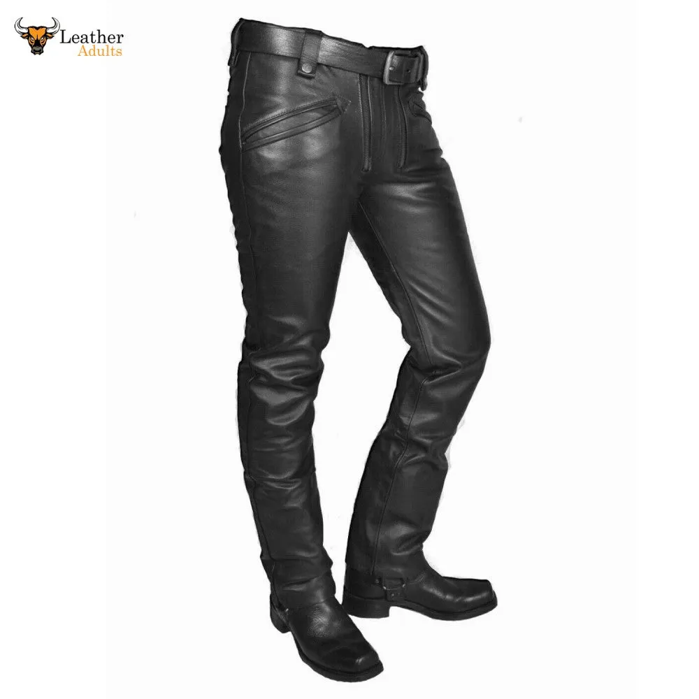 Men's Cowhide Leather Carpenter Pants Bikers Pants Slim Fit Gay Pants Trousers