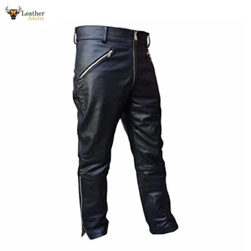 Mens Real Cowhide Leather Black Motorcycle Trousers Bikers Jeans Bikers Pants