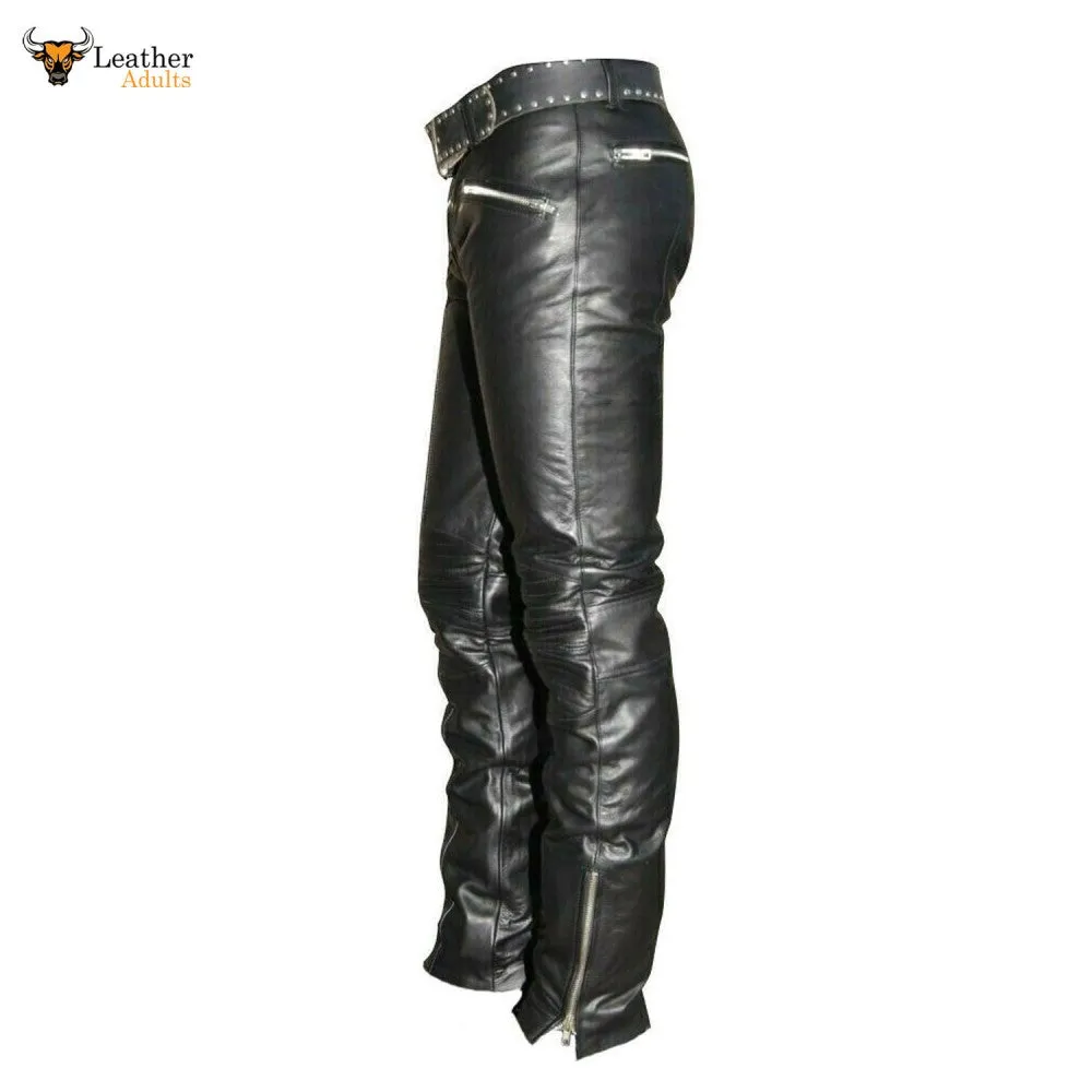 Men's Real Cowhide Leather Quilted Panels Slim Fit Trousers Pants Bikers Jeans Lederhosen