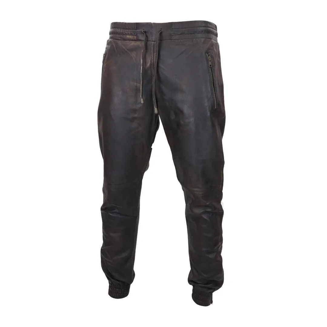 Mens Real Leather Jogger Jeans Trousers Elasticated Casual