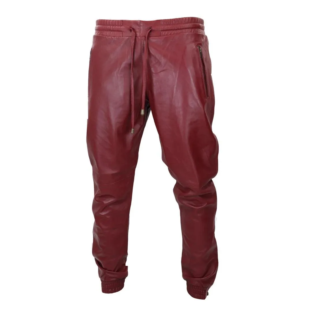 Mens Real Leather Jogger Jeans Trousers Elasticated Casual