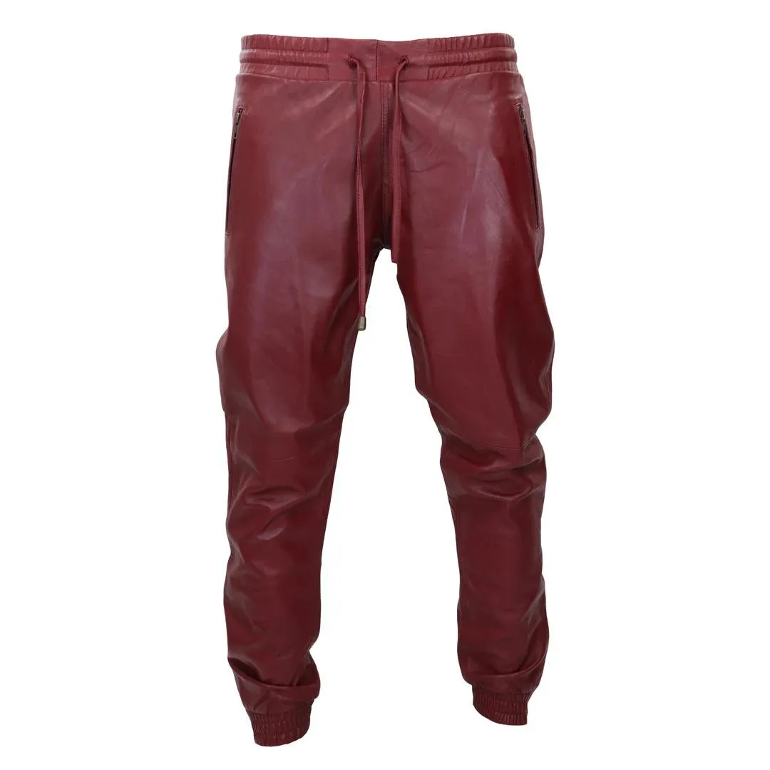 Mens Real Leather Jogger Jeans Trousers Elasticated Casual