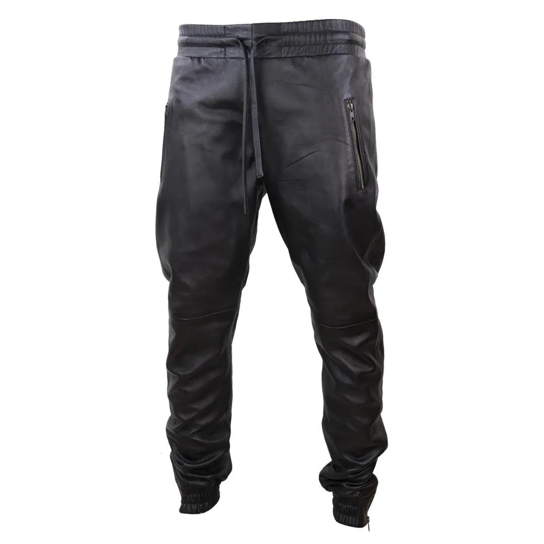 Mens Real Leather Jogger Jeans Trousers Elasticated Casual