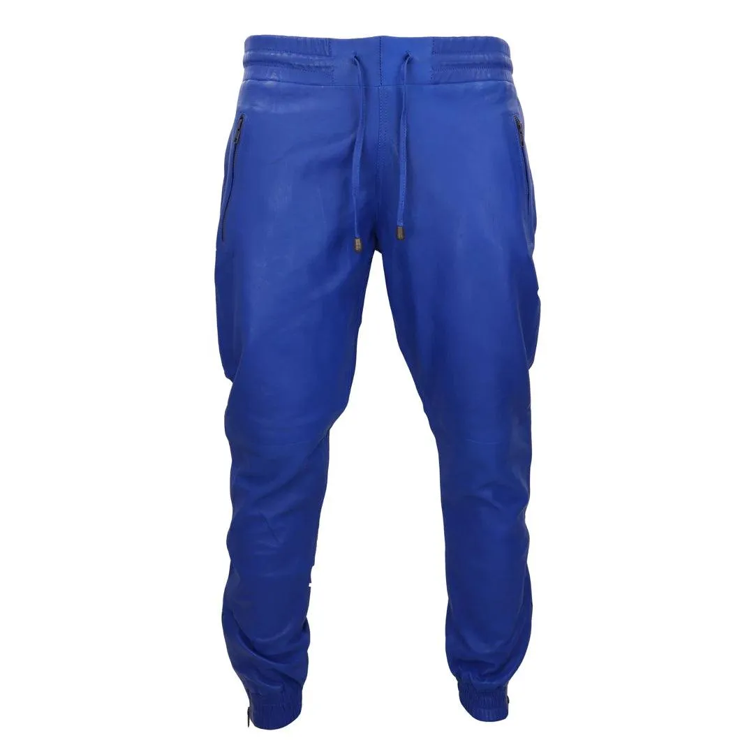 Mens Real Leather Jogger Jeans Trousers Elasticated Casual