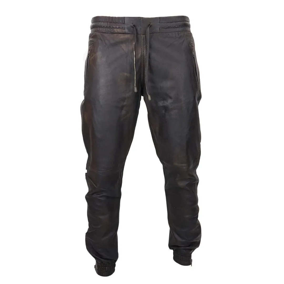 Mens Real Leather Jogger Jeans Trousers Elasticated Casual