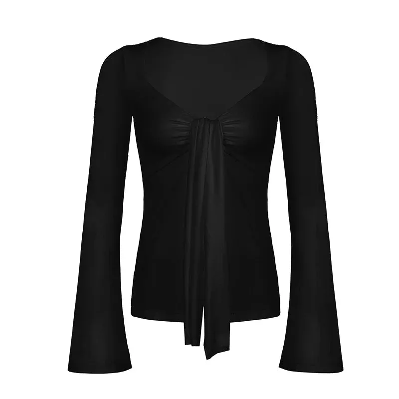 Metaversmall Fashion Black Flare Sleeve Sexy Women Shirts Cardigan Tie-Up Twisted Fall T-shirts Sexy Party Outfits Holidays Knit