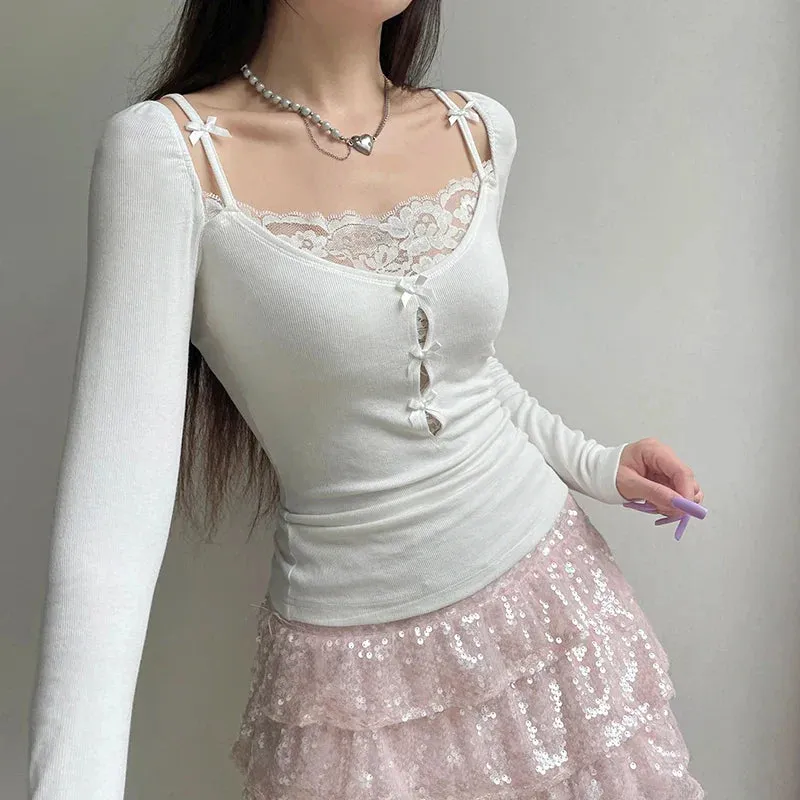 Metaversmall Vintage Fashion Skinny Lace Patchwork Women T-shirts Bow Y2K Gothic Dark Top Long Sleeve Korean Tee Shirts Knitted