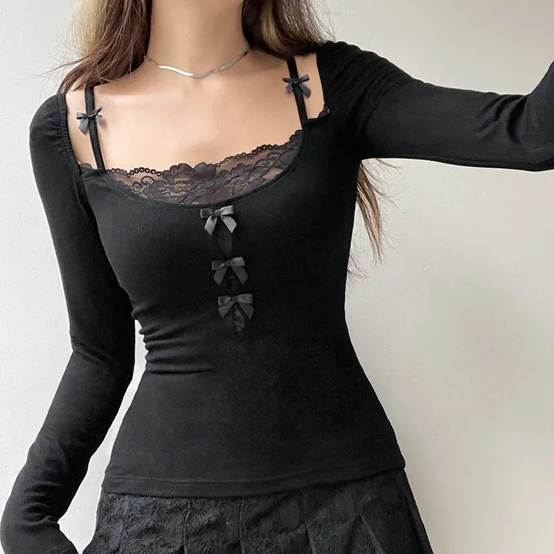 Metaversmall Vintage Fashion Skinny Lace Patchwork Women T-shirts Bow Y2K Gothic Dark Top Long Sleeve Korean Tee Shirts Knitted