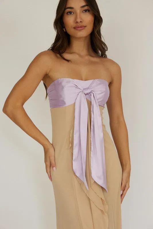 Nude Strapless Tied Front Detail Maxi Dress