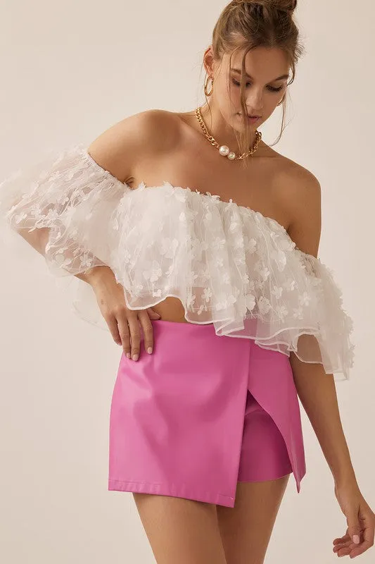 Off White Off Shoulder Crop Ruffled Top