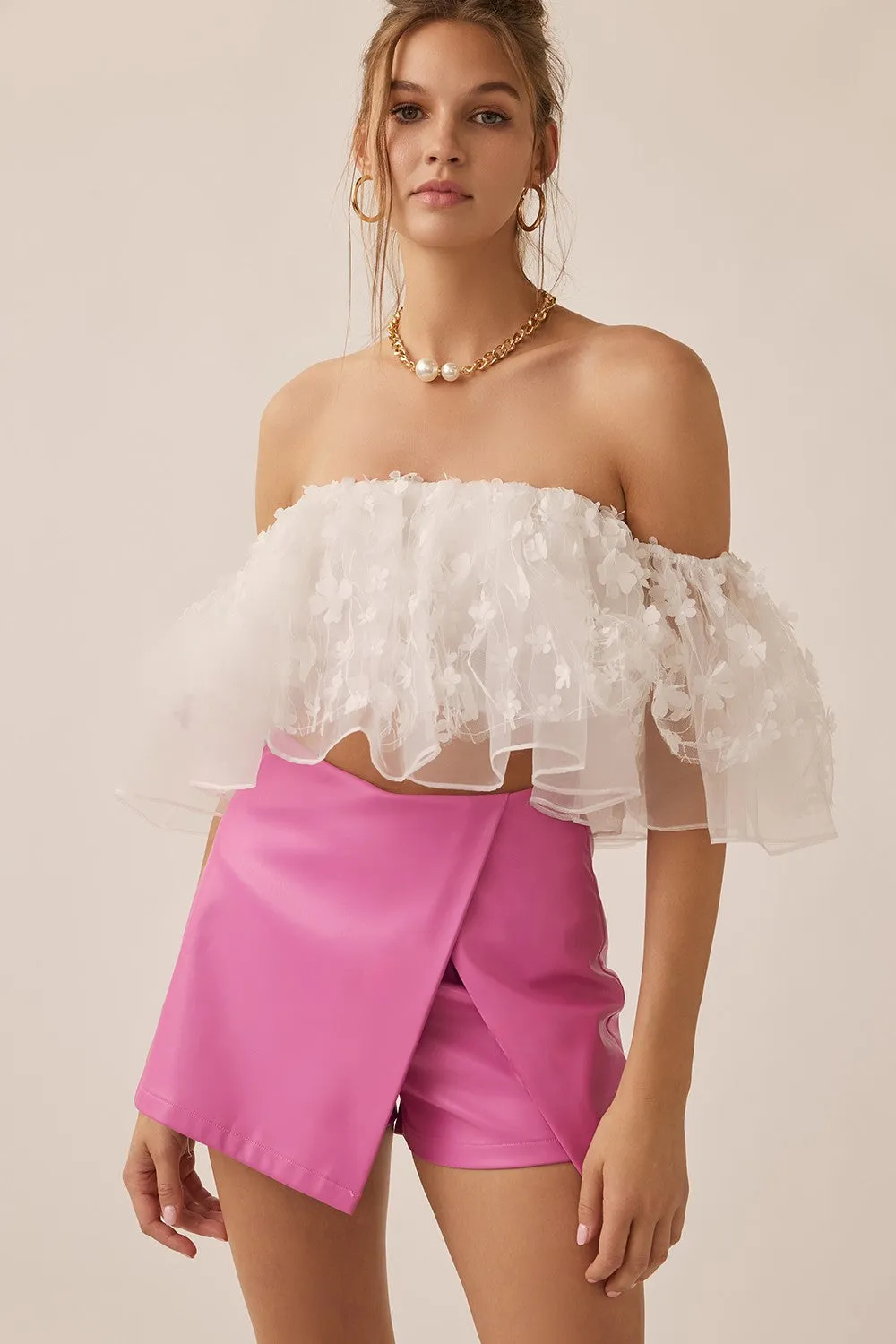 Off White Off Shoulder Crop Ruffled Top