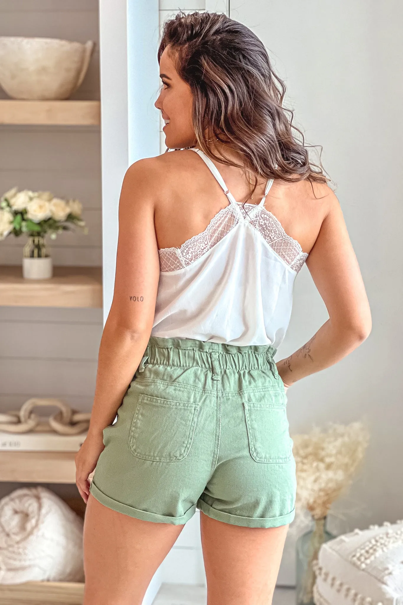 Olive Denim Paperbag Shorts