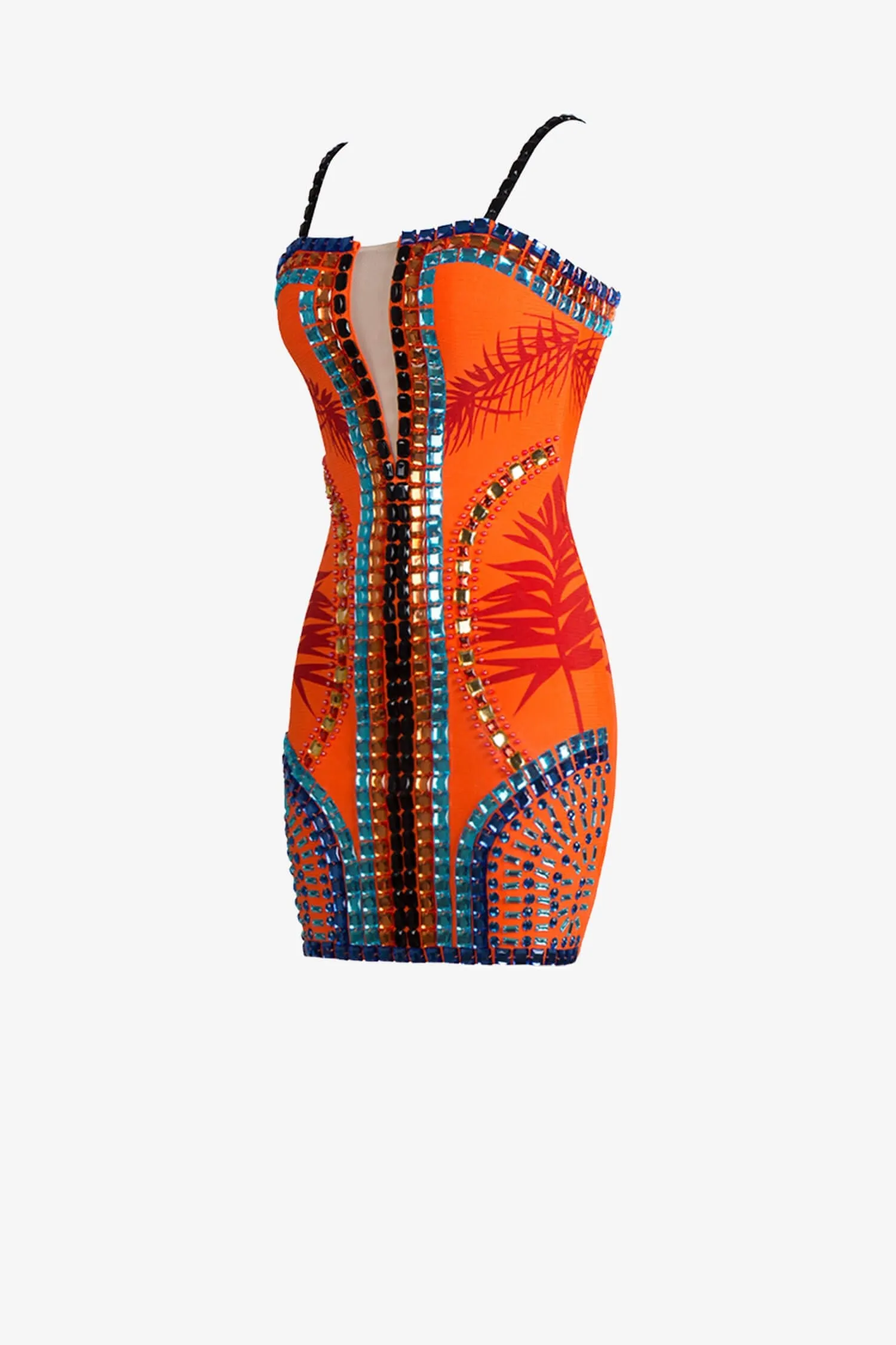 Orange Spaghetti Strap Embellished Mini Dress