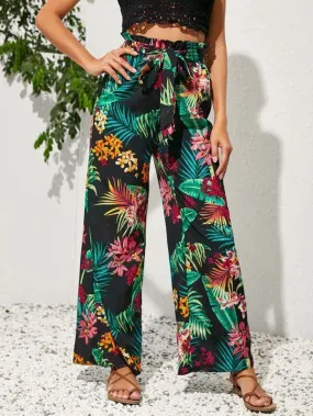 Paperbag Waist Belted Tropical Print Pants