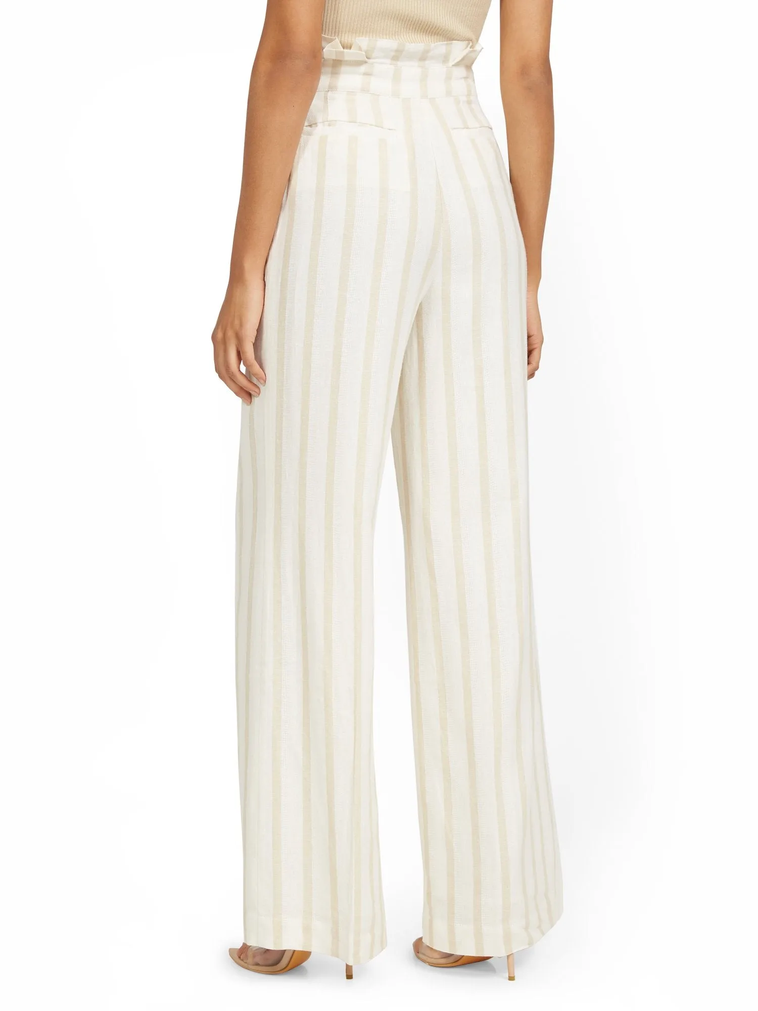 Petite Linen-Blend Stripe Paperbag Wide-Leg Pant