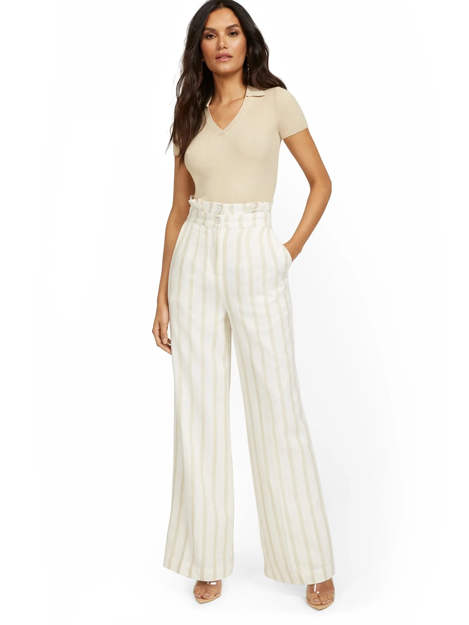 Petite Linen-Blend Stripe Paperbag Wide-Leg Pant