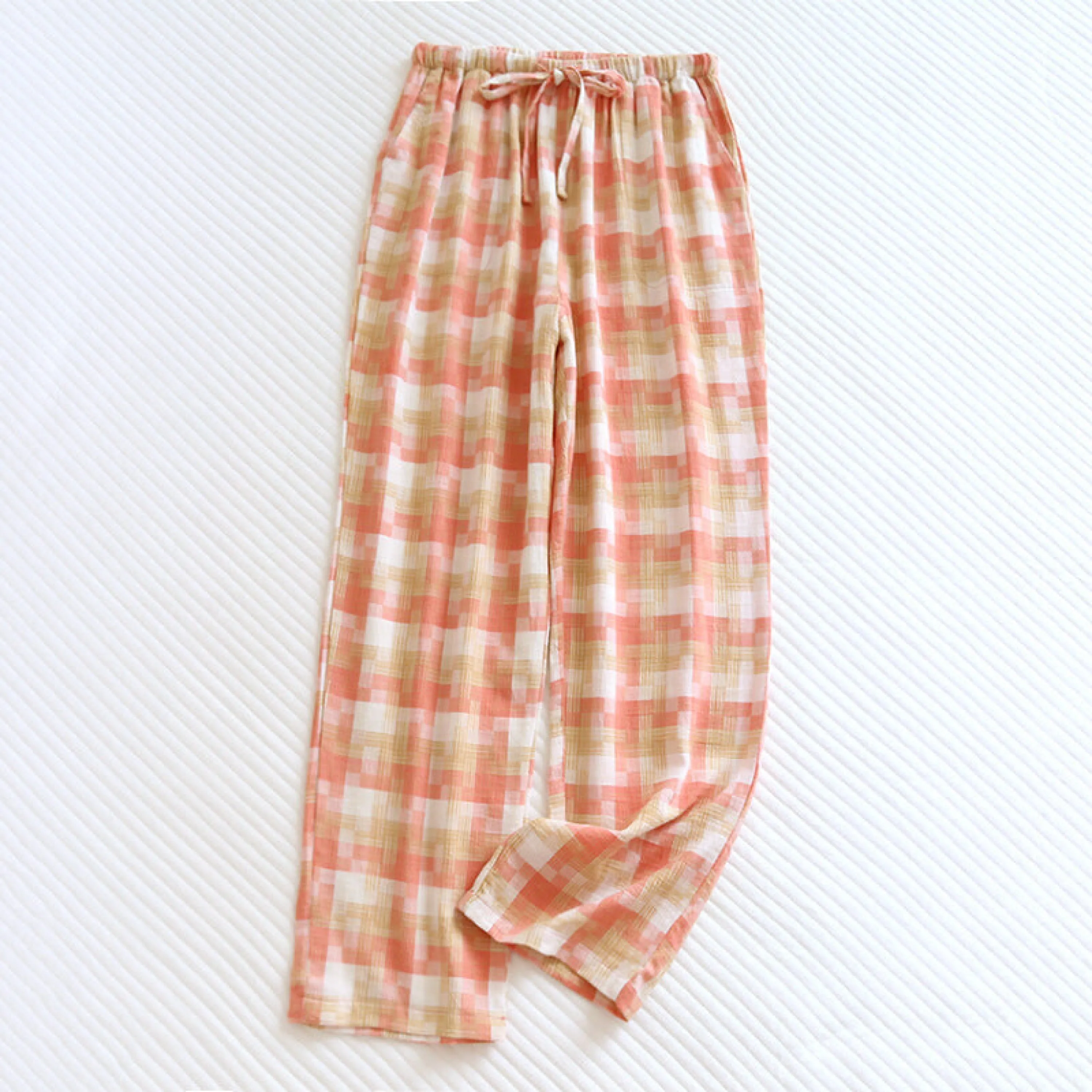 Plaid Washed Cotton Pajama Pants / Orange