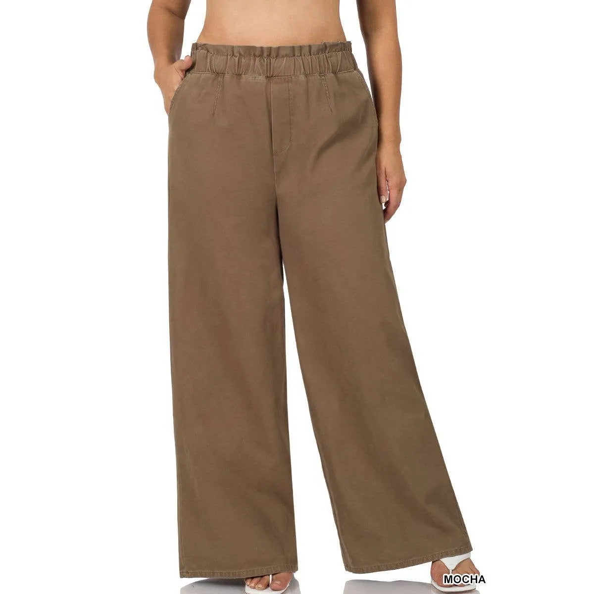 PLUS STONE WASHED CANVAS PAPERBAG WIDE LEG PANTS