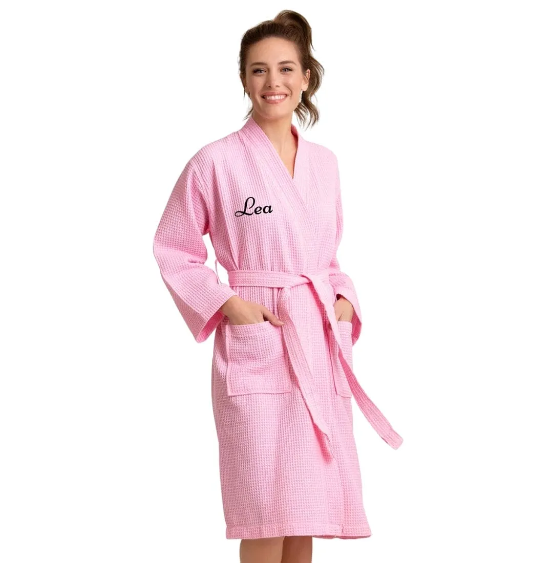 Premium Women's Long Waffle Bathrobe, Kimono Style, Luxury Cotton Turkish Robe Poly blend (Pink)