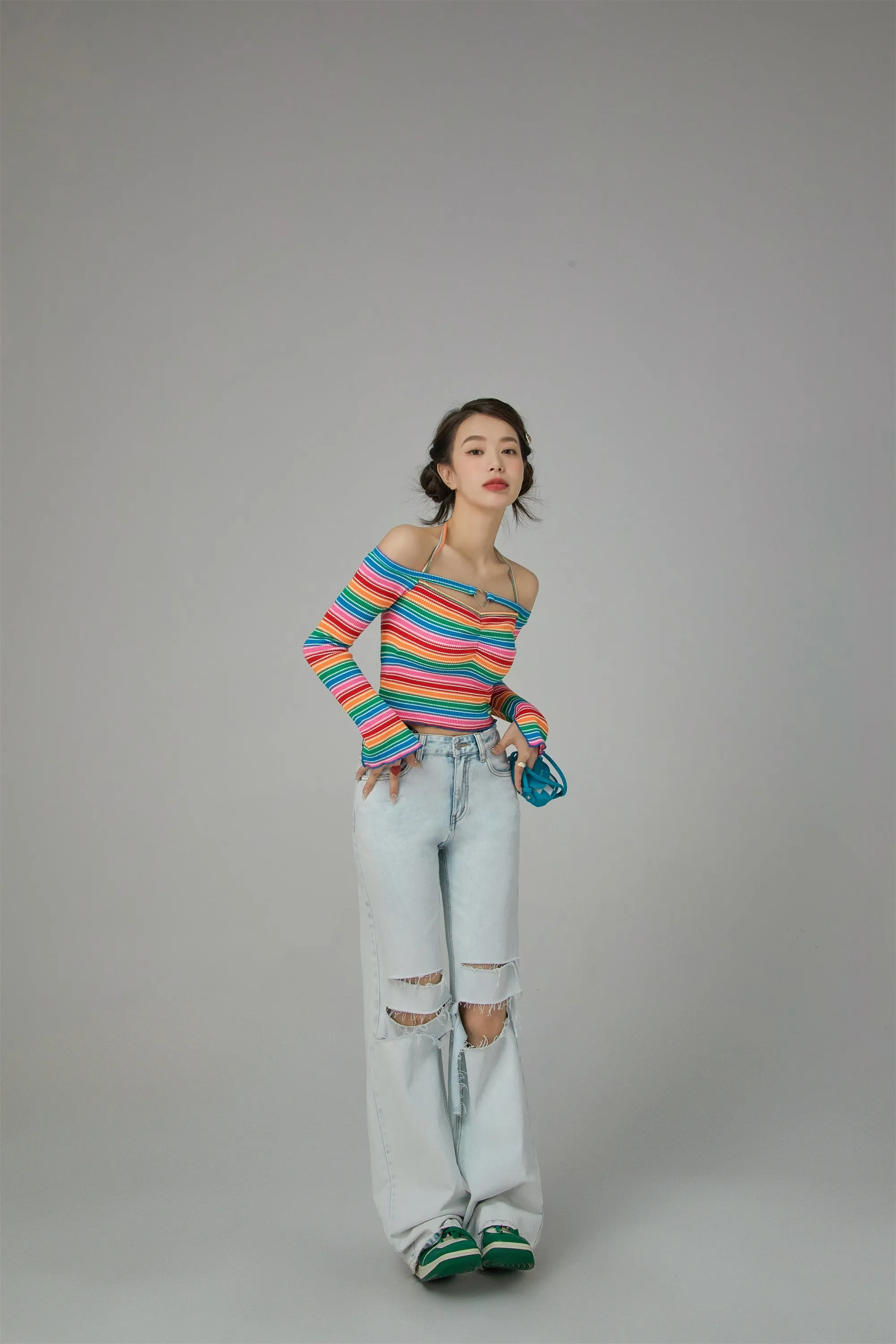 Rainbow Stripes Off-Shoulder Top