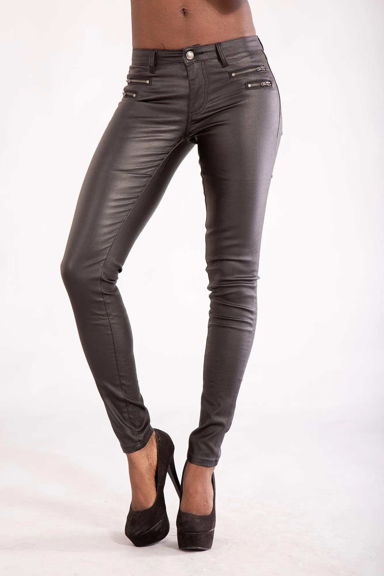 RavenZip Faux Leather Trousers with Zipper Accents –Black