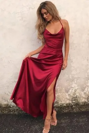 Red A Line Spaghetti Straps Sheath Slit Prom Dress 2398