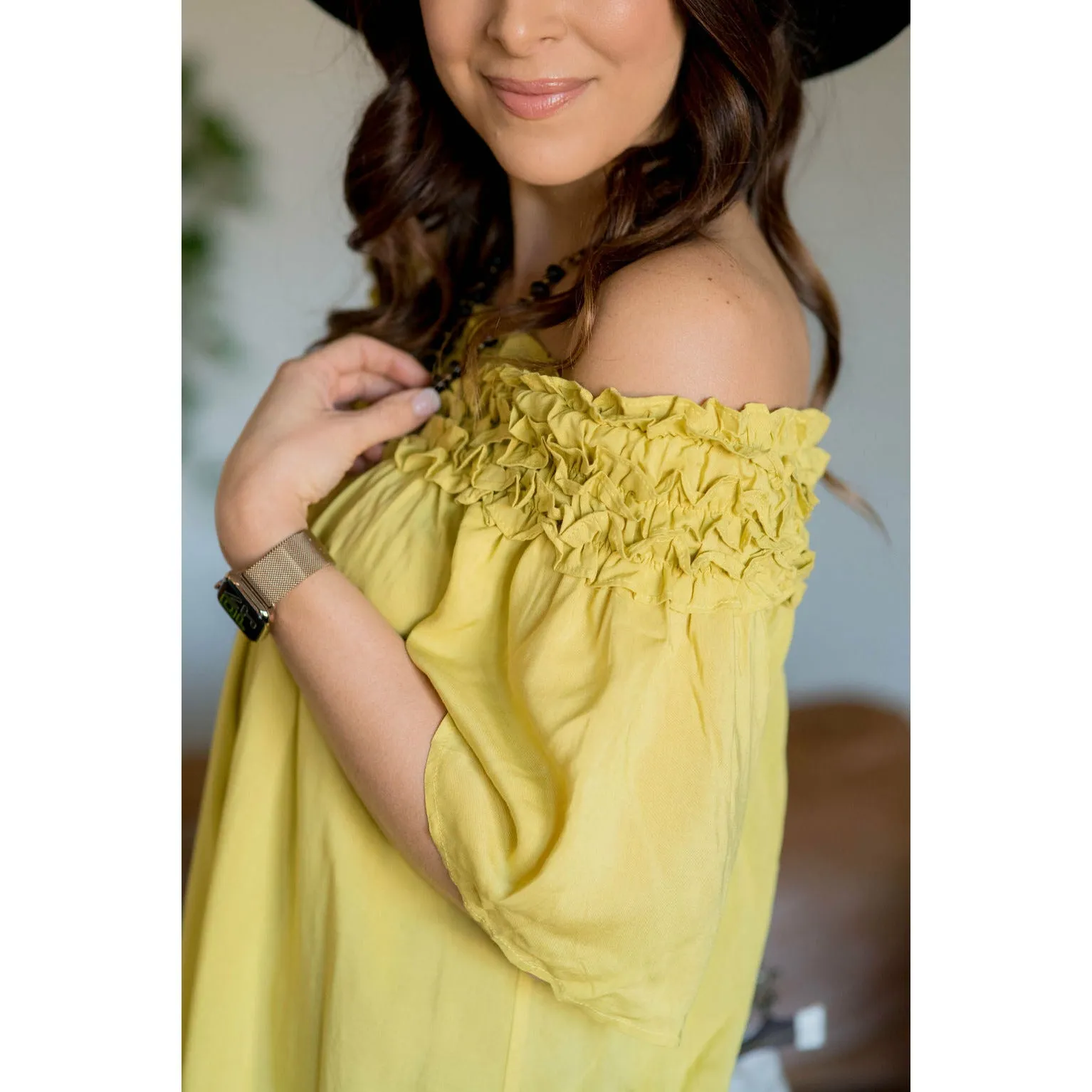 Ruffle Off The Shoulder - Pale Yellow