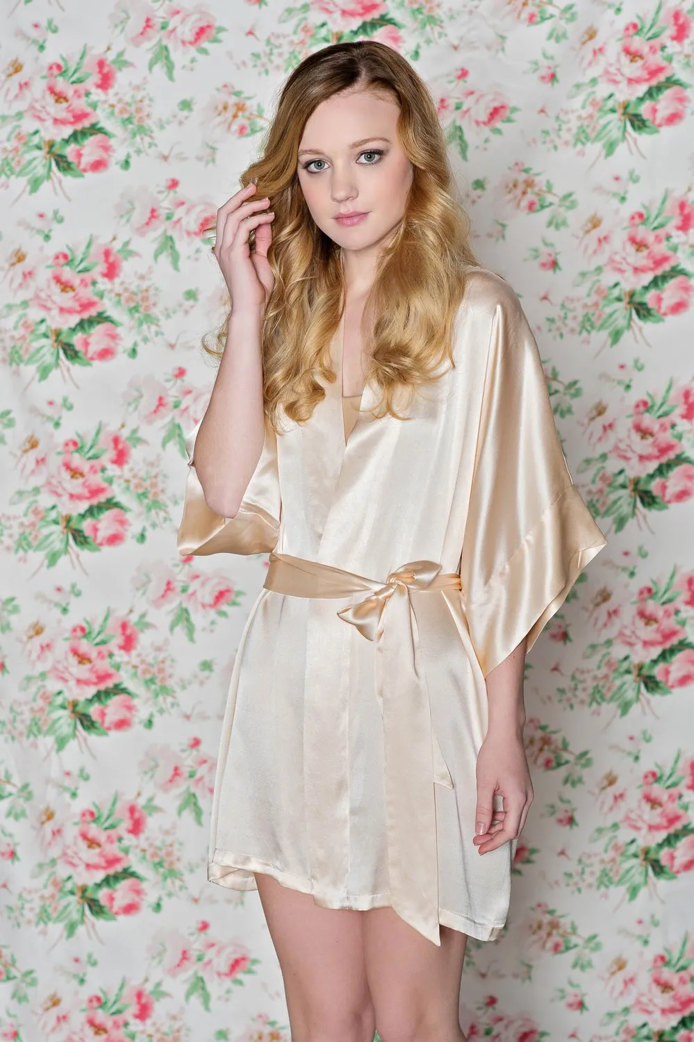 Samantha Silk Bridal Kimono Robe in blush pink