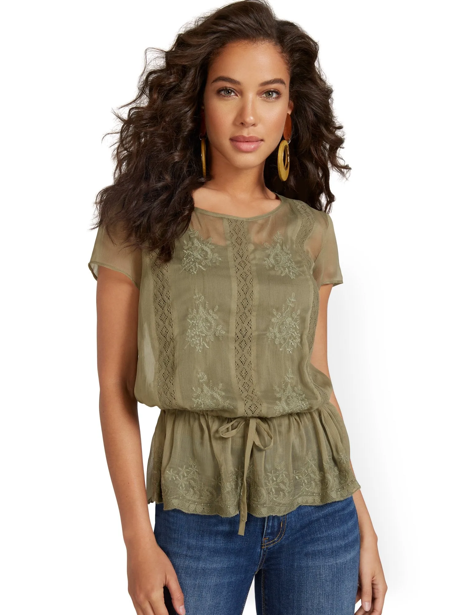 Semi-Sheer Embroidered Peplum Blouse - Lily & Cali