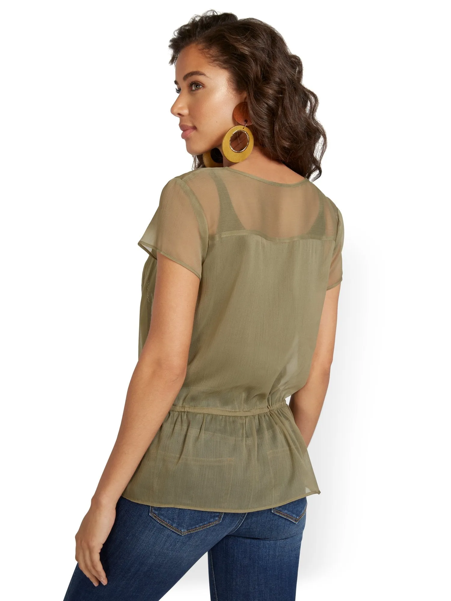 Semi-Sheer Embroidered Peplum Blouse - Lily & Cali