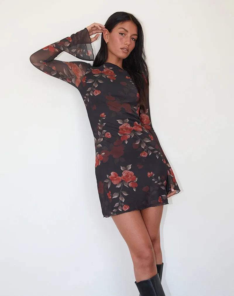 Sevila Long Sleeve Mini Dress in Black Watercolour Rose