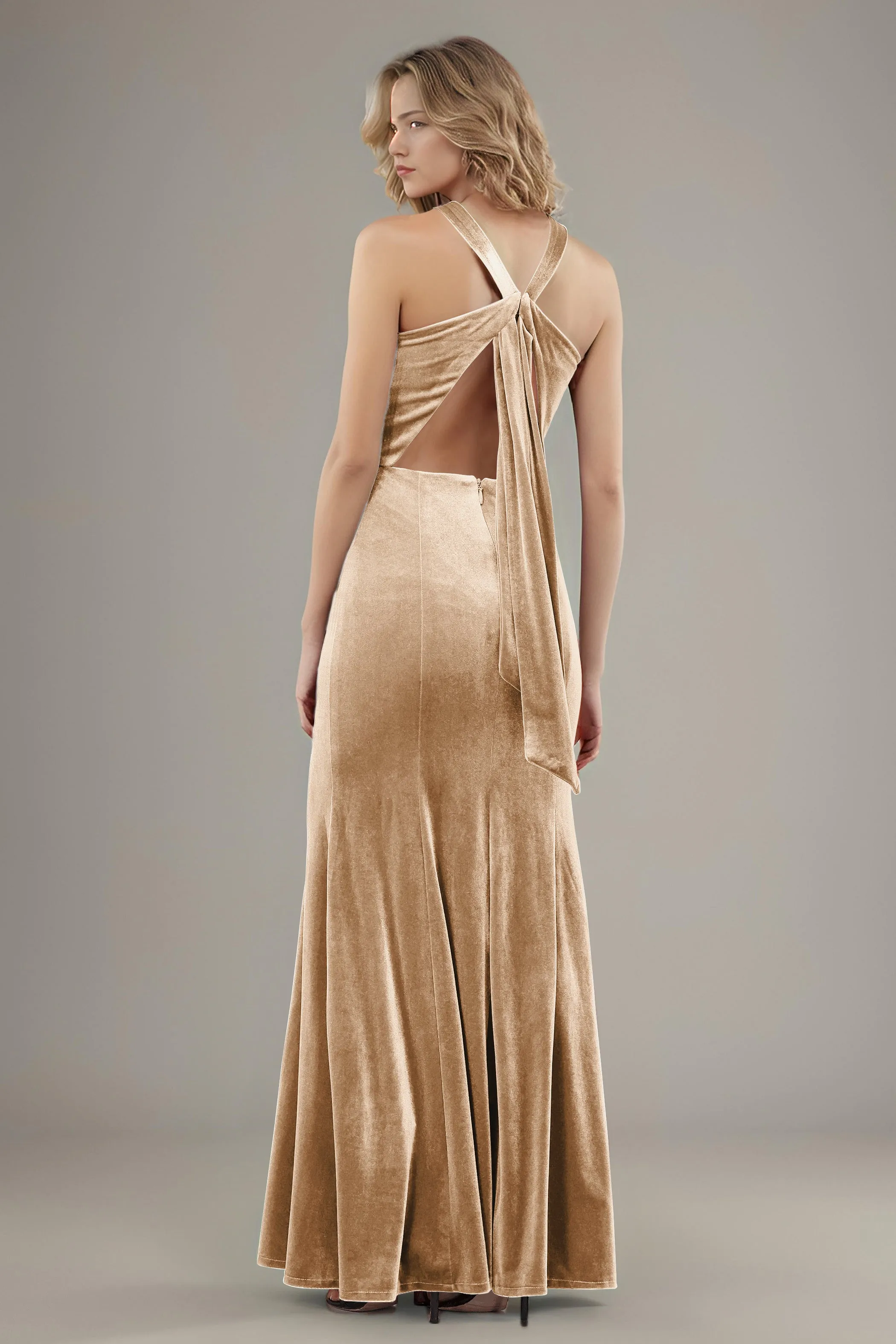 Sheath Halter Sleeveless Backless Velvet Bridesmaid Dresses