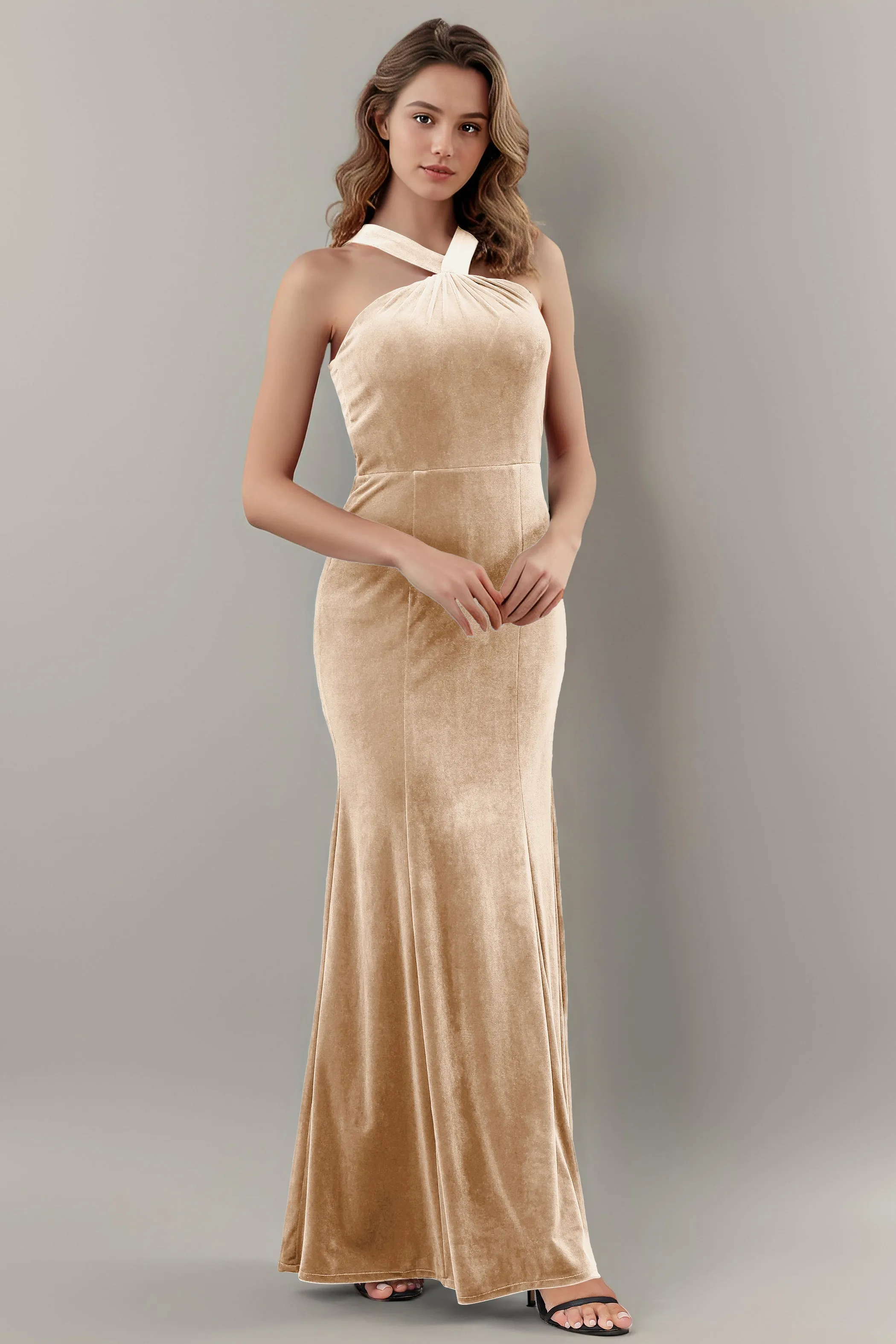 Sheath Halter Sleeveless Backless Velvet Bridesmaid Dresses