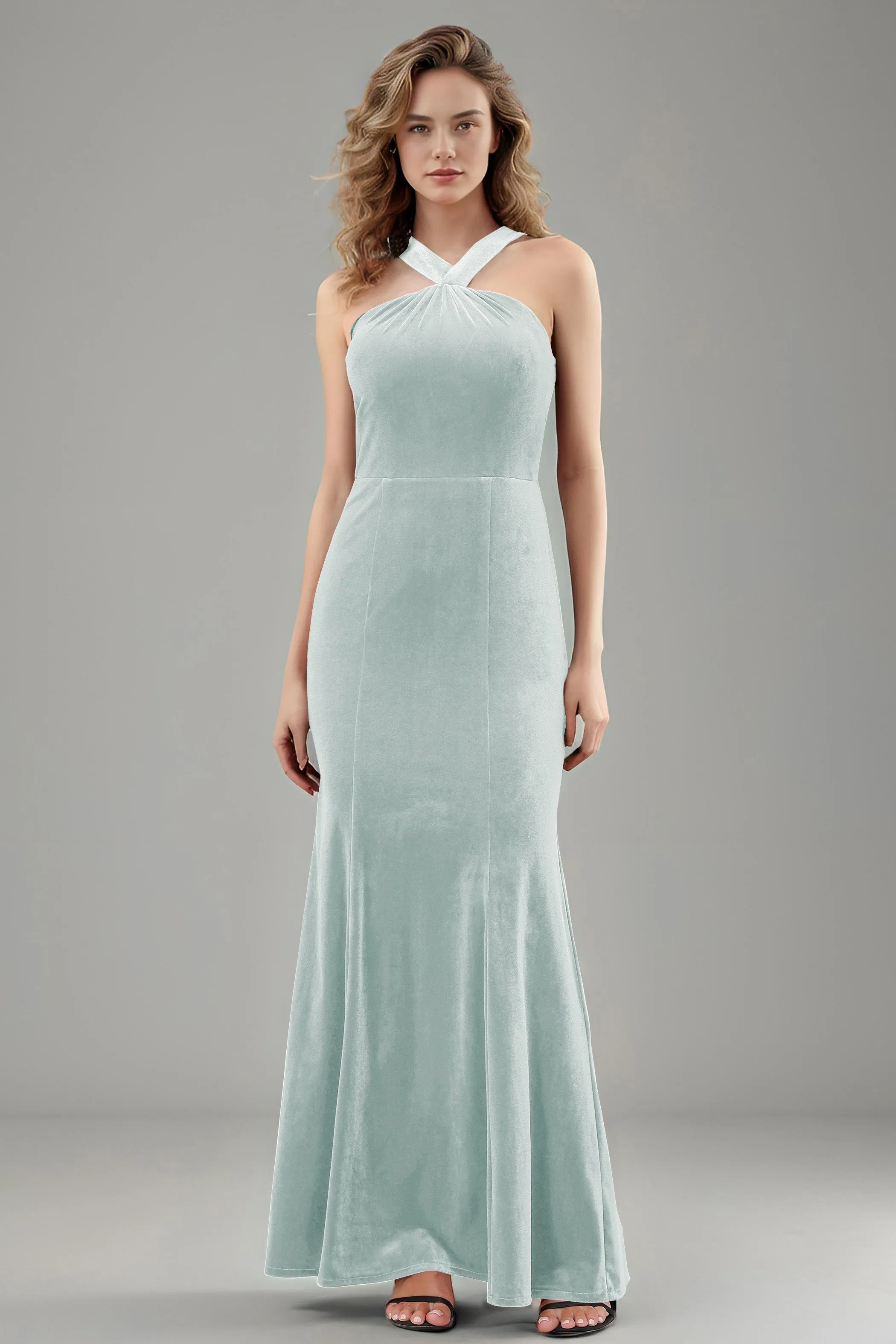 Sheath Halter Sleeveless Backless Velvet Bridesmaid Dresses