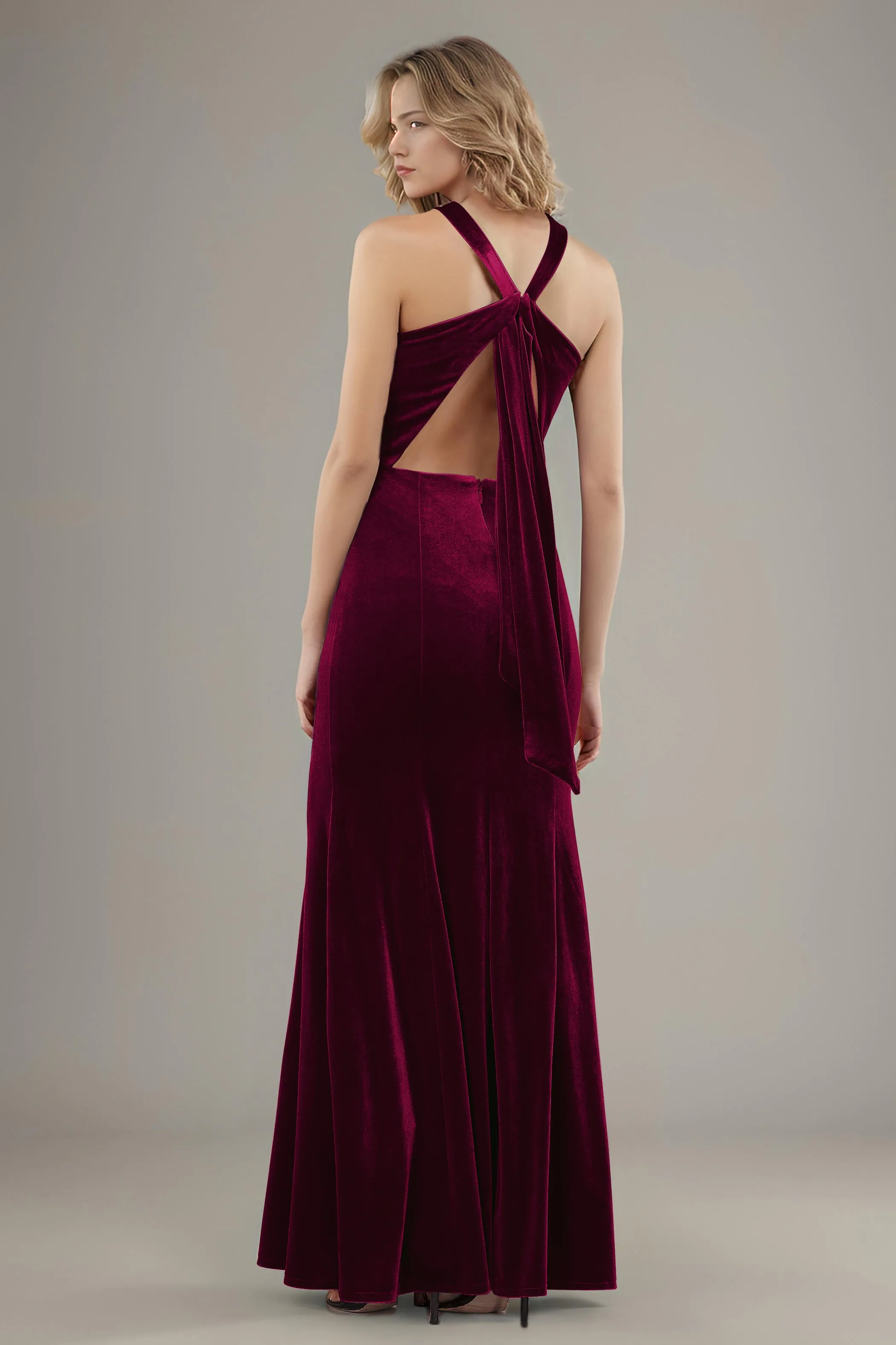 Sheath Halter Sleeveless Backless Velvet Bridesmaid Dresses