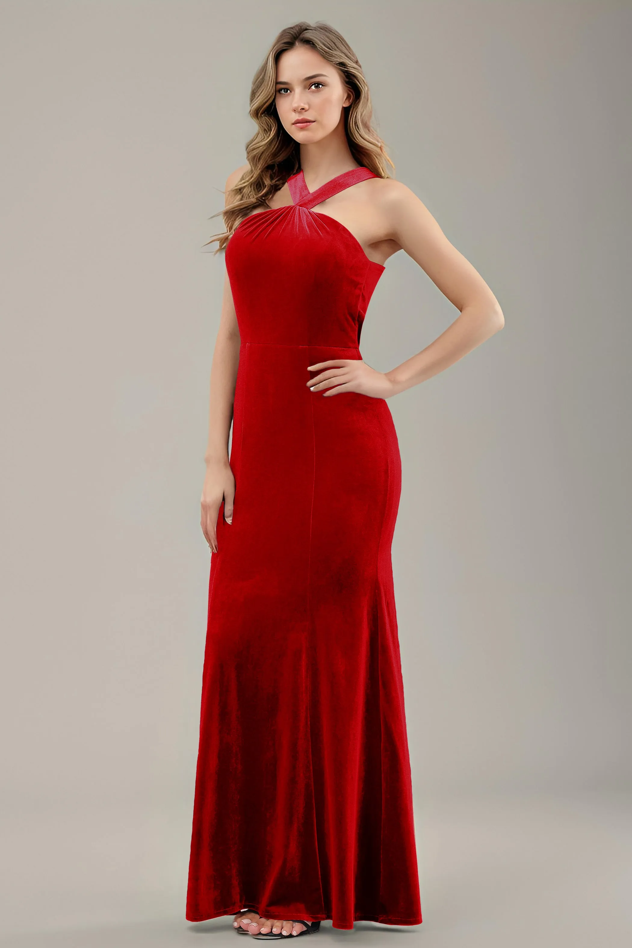 Sheath Halter Sleeveless Backless Velvet Bridesmaid Dresses