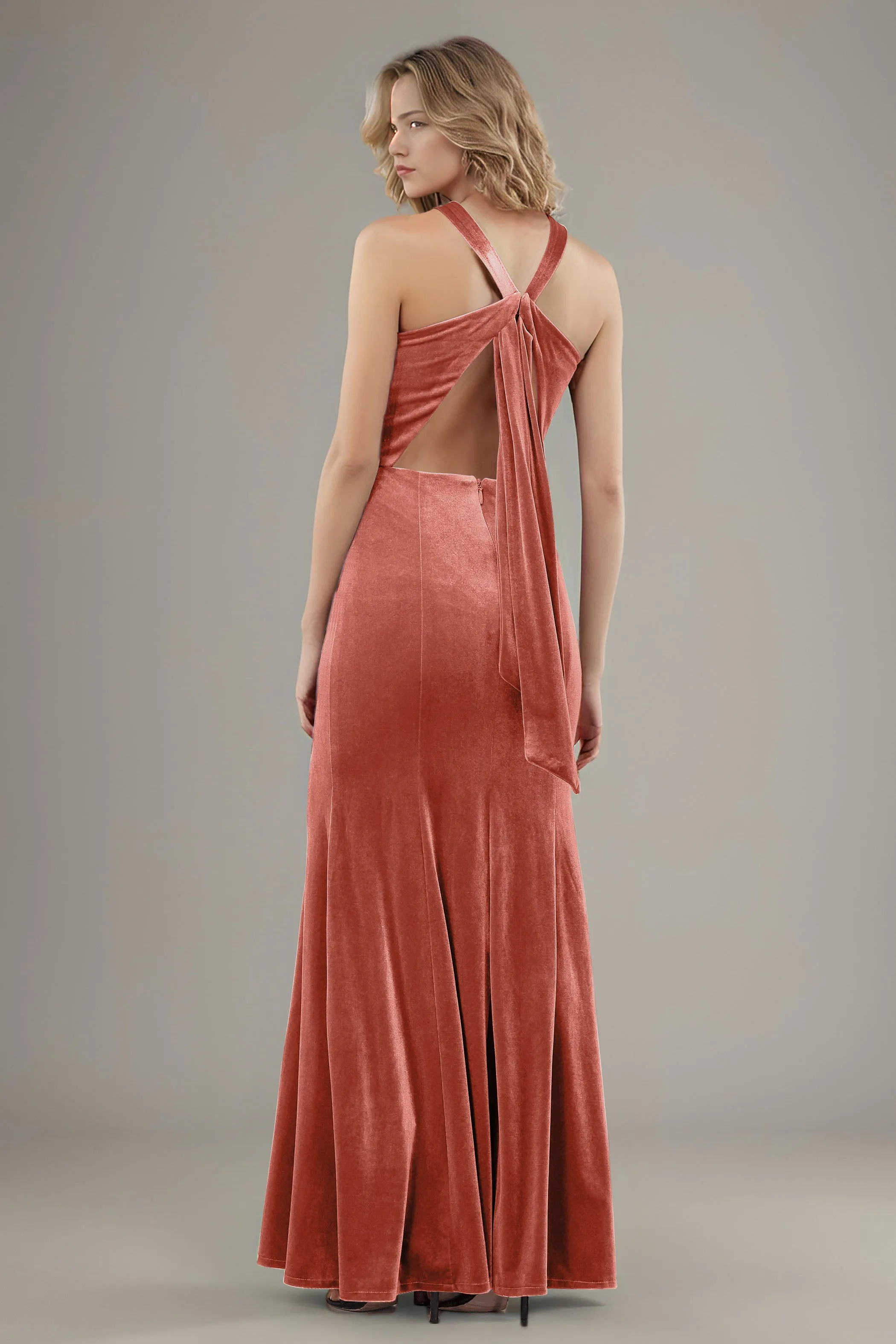 Sheath Halter Sleeveless Backless Velvet Bridesmaid Dresses