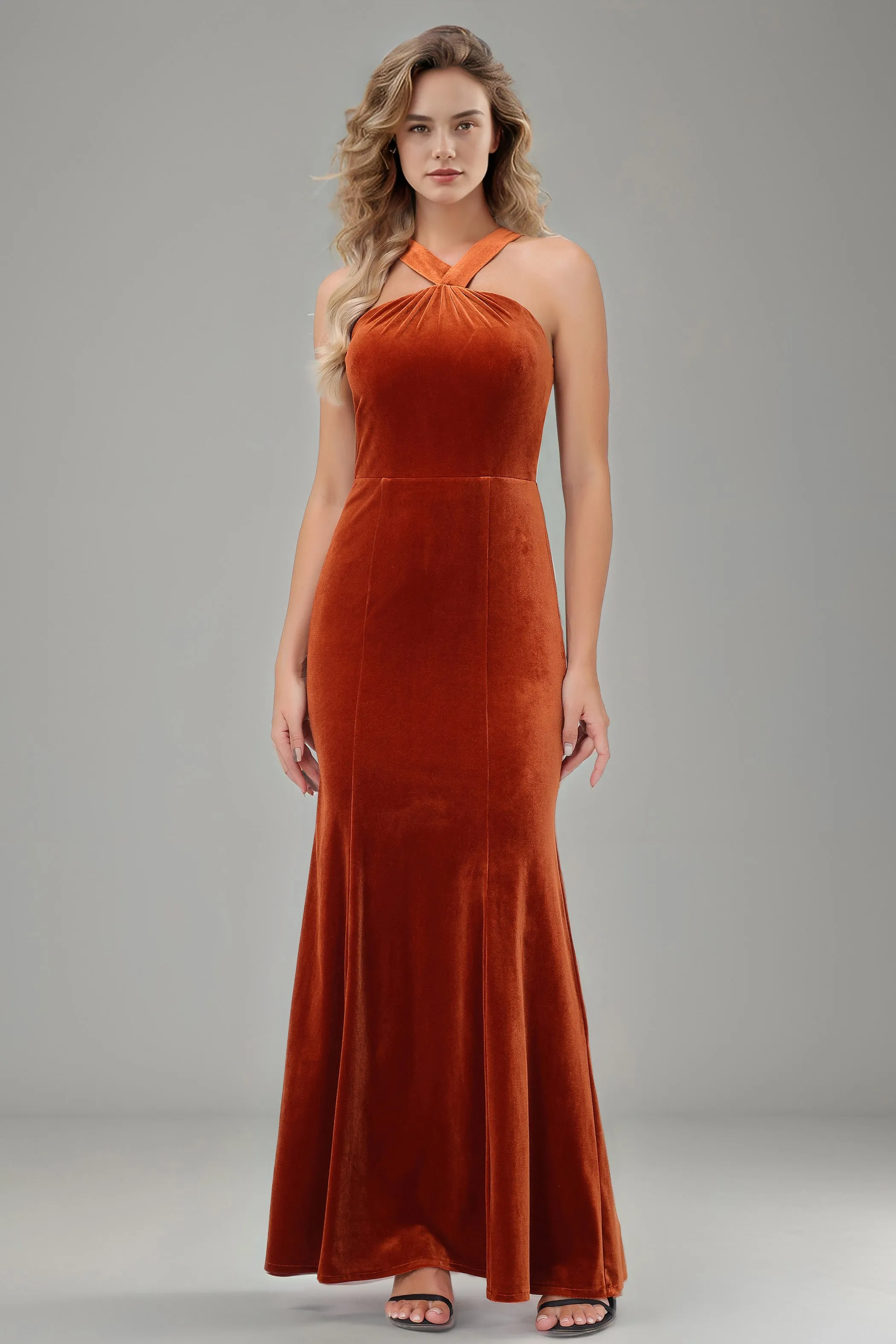 Sheath Halter Sleeveless Backless Velvet Bridesmaid Dresses