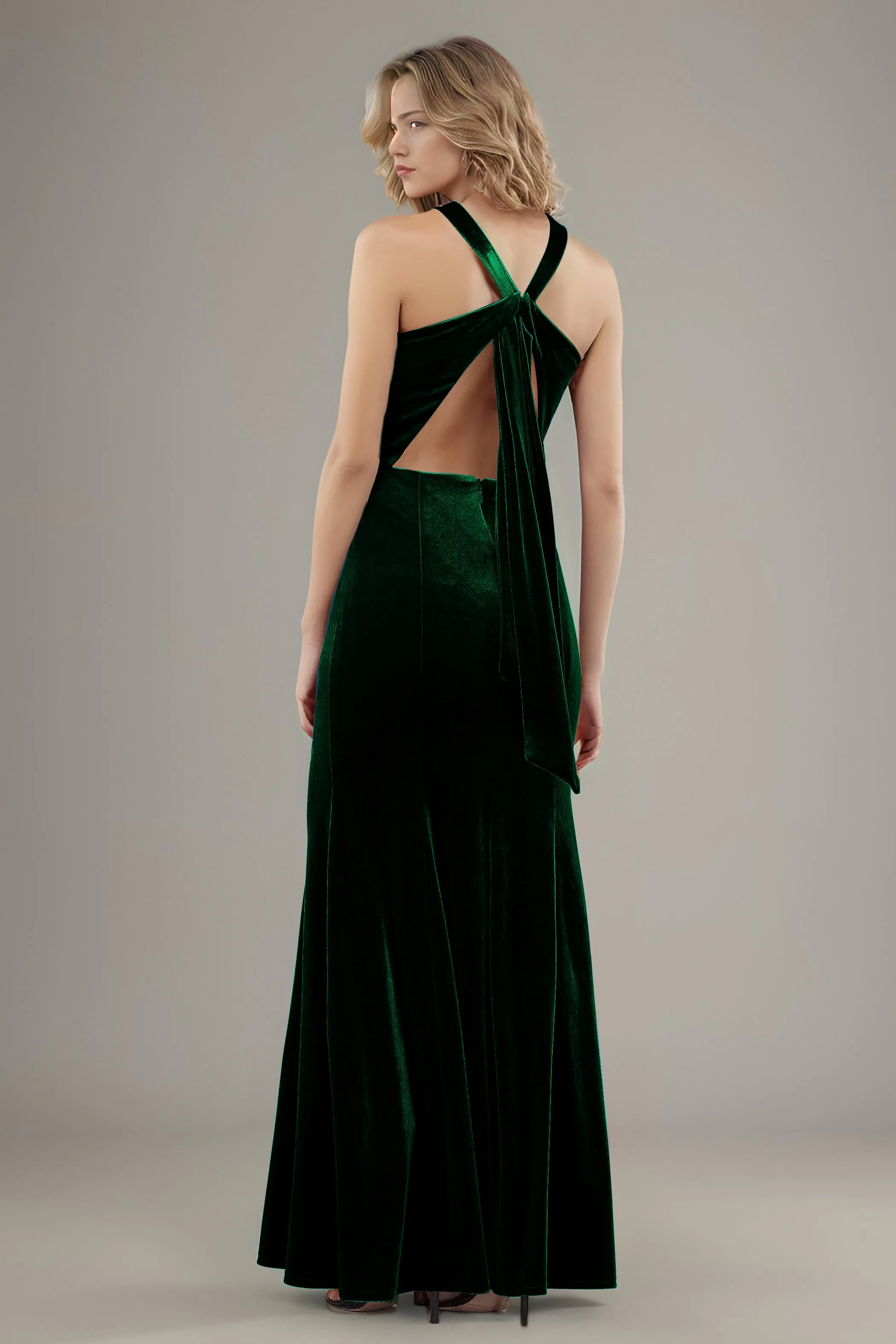 Sheath Halter Sleeveless Backless Velvet Bridesmaid Dresses