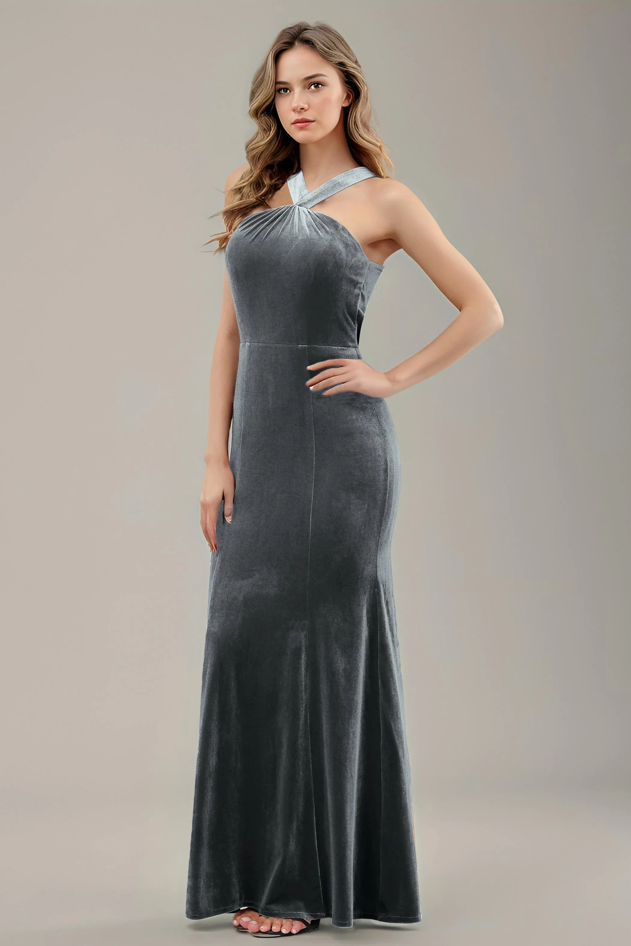 Sheath Halter Sleeveless Backless Velvet Bridesmaid Dresses