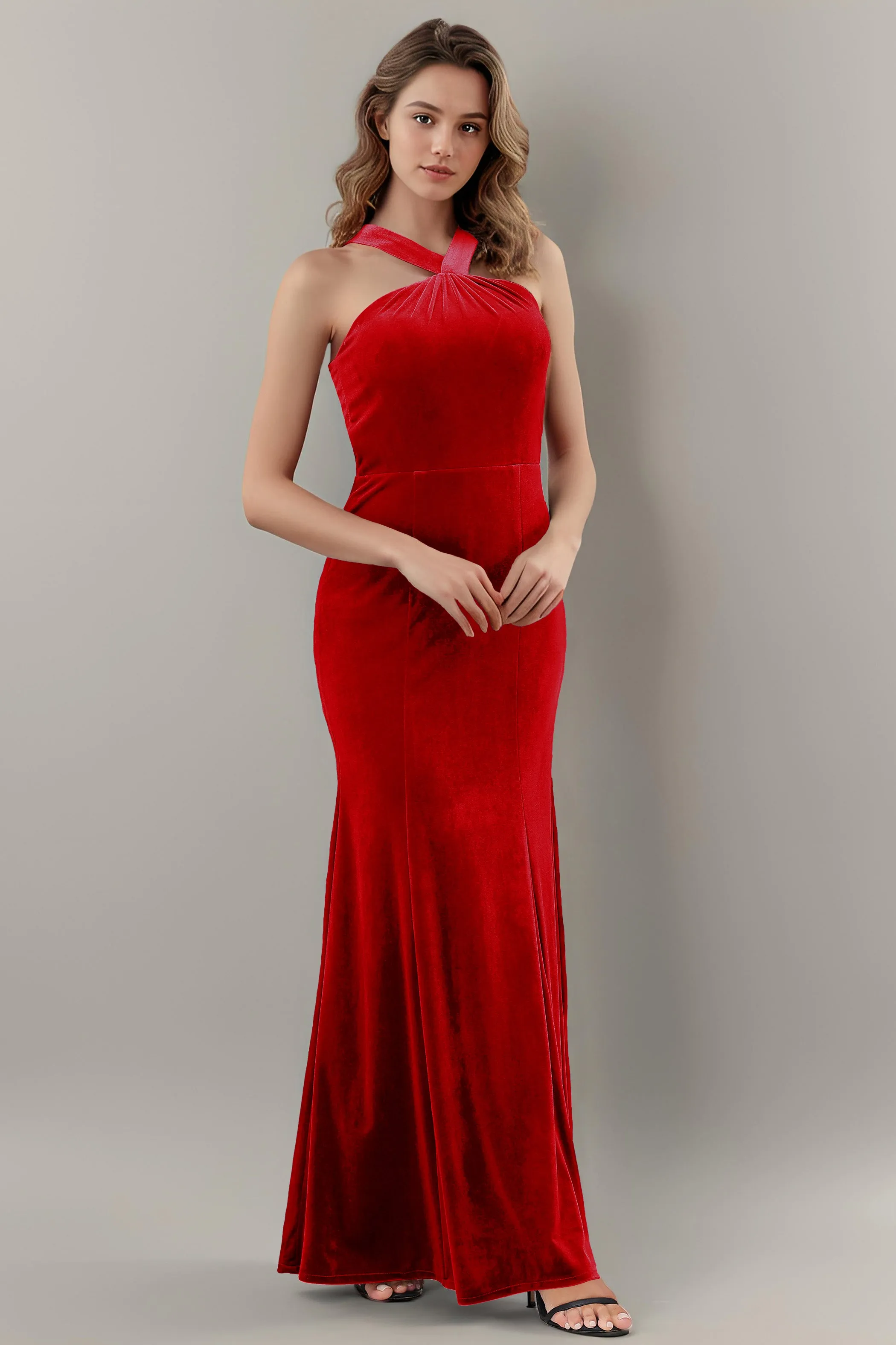 Sheath Halter Sleeveless Backless Velvet Bridesmaid Dresses