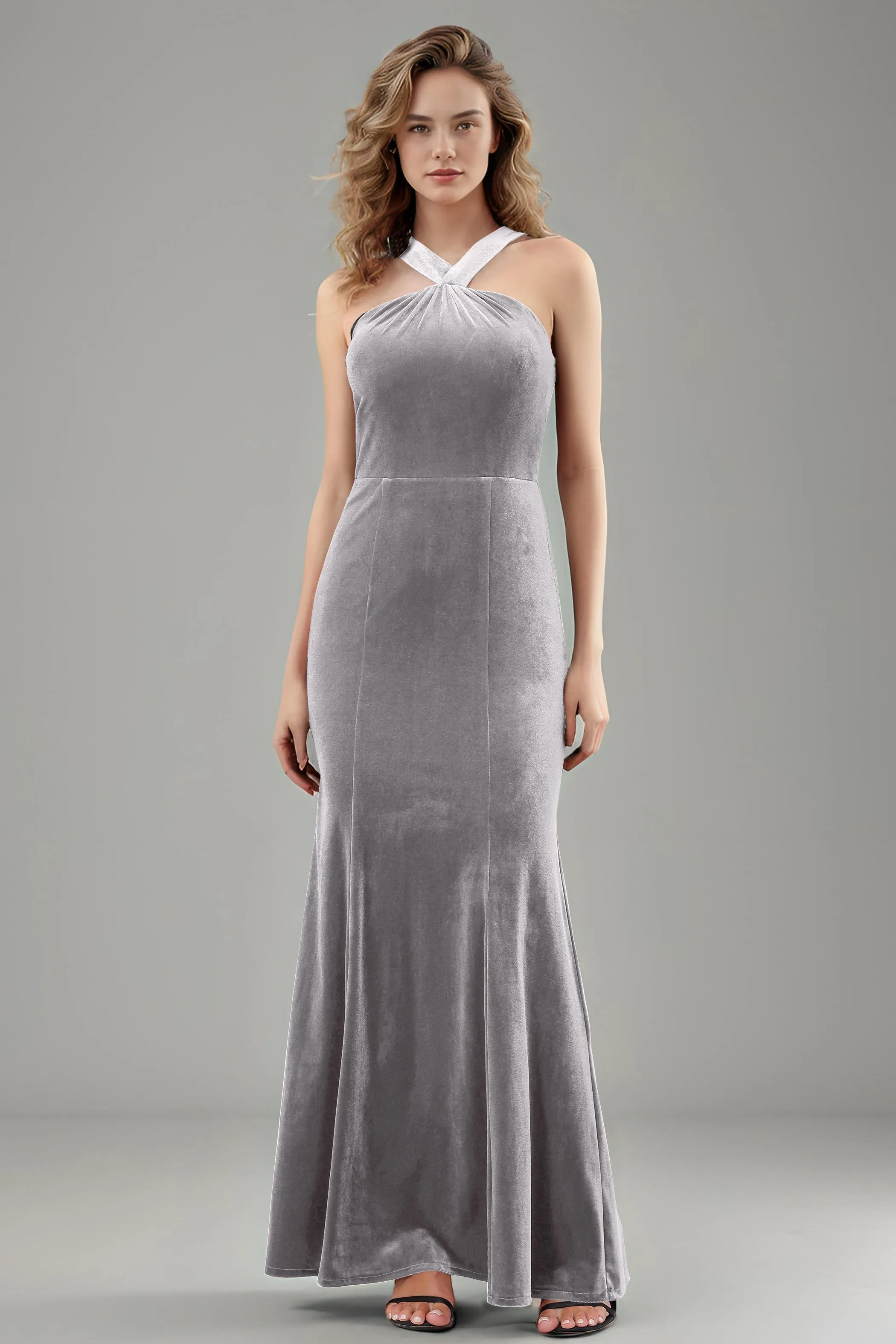 Sheath Halter Sleeveless Backless Velvet Bridesmaid Dresses